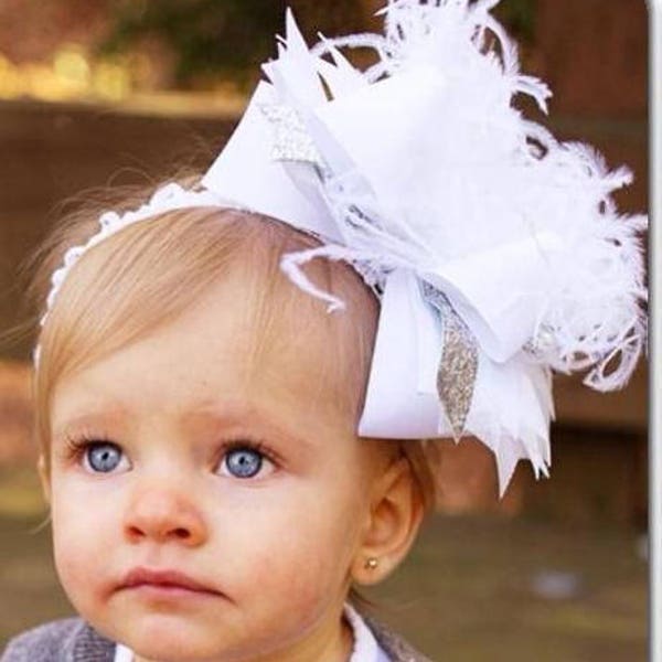 Over the Top Bows, Baby Headbands, White Big Hairbow, Big Baby Bows, Baby Bows with headband, Toddler Headbands, Feather Hair Bows, Jumbo