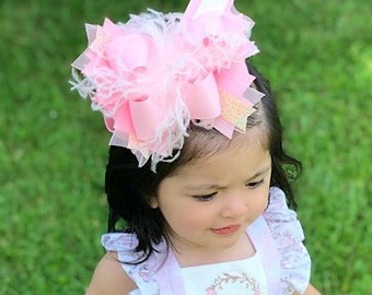 LIGHT PINK and GOLD over the top hair bow with ostrich puff