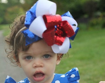 Sequin Hairbow, Triple hair bow, Patriotic Hair Bow, 5 or 6 inch bow, Boutique Bows, Baby Headband, Big Boutique Bow, 4th of July Headband