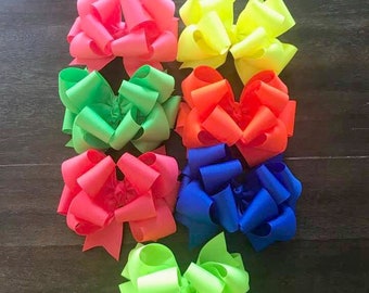 Neon Hair Bows, Neon Hairbows, Big Neon Bows, Pink, lime, orange, big hair bows for girls, Summer Bows, 5 inch bow, Neon Baby Headband, BTS