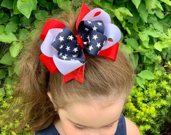 Patriotic Bows, American Flag Hair Bow, Red White Blue Bow, 4th of July Bows, Patriotic Hairbow, Blue Stars Bow, Stars and Stripes Bows, USA