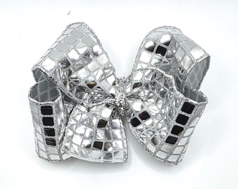 Noeud miroir argenté, Noeuds avec miroirs, Noeuds pour cheveux boule disco, Noeud reflet, Noeuds de danse, Noeuds pour cheveux pour équipe de danse, Noeud à paillettes argentées, Grands noeuds