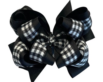 Gingham Checks Hair Bow, Girls Big Hair Bows, Layered Hairbows, Black Checked Bow, Checkered Bow, Boutique stacked Bow, 5 inch bows, BTS Bow