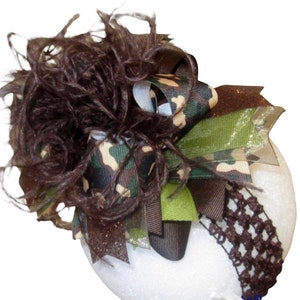 Camo Headband, Camouflage hair Bow, Over the Top Bow, Ostrich Feather Hair Bow, Boutique Bow, Military Hairbow, Camo Army Green Brown Bow