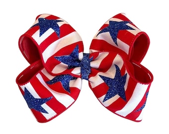 4th of July Bow, Red White and Blue Hair Bow, Patriotic Bows, American Flag Hair Bow, Fireworks Bow, Blue Glitter Headband, BIG USA Bows,
