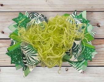 Banana Leaf Hair Bow for Girls, Banana Leaf Headband, Girls Hair Bows, Baby Headbands, Green Over the Top Feather Bow, Green Glitter Bow