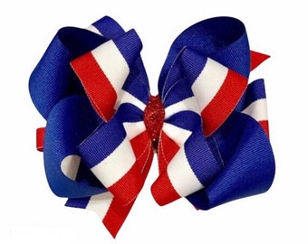 Patriotic Striped bow, 4th of July Bow, Patriotic Hair Bow, 6 inch bow, Boutique Bow, Baby Headband, 4th of July Headband, American Flag Bow