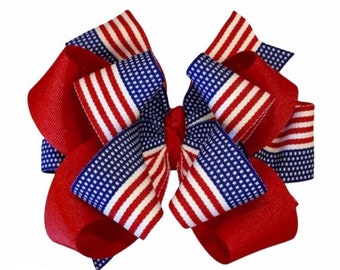 American Flag Hairbow, Triple hair bow, Patriotic Hair Bow, 5 or 6 inch bow, Boutique Bows, Baby Headband, Big Boutique Bow, Flag Headband