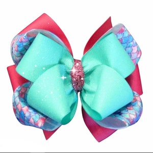 Mermaid Hair Bow, Mermaid Bows, Mermaid Scales Bow, Baby Headband, Mermaid Tail Hairbow, Aqua Glitter Bow, Layered Bow, Stacked Bow, m2m Bow