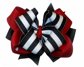 Black Striped Bow, Black and Red Bow, Boutique hairbows, Layered Bows, Striped BTS Bow, Stacked Hair Bows, Baby Bow,Toddler Bow, Red Stripes