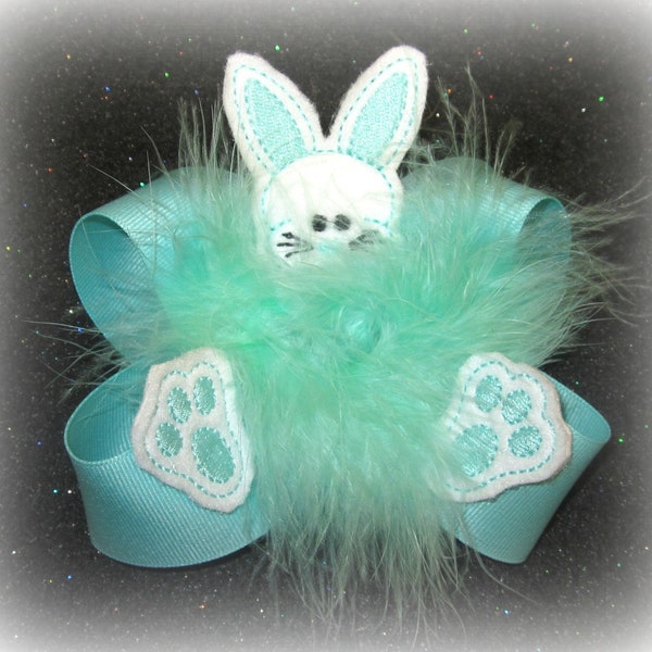 Easter Fur Bunny Bow, Easter Bunny Bow, Easter Hairbows, Baby Easter Bow, Aqua Hair Bow, Spring Bows, Blue Headband, Marabou Feather Bow