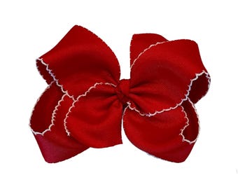 Red Moonstitch Hair Bow, Bows for Girls, School Bows, Hairbows, Hair Bows, Toddler Bows, Big Red Hair Bow, Boutique Bows, 6 inch Bows