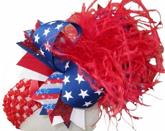 Patriotic Hairbow, Red White & Blue Bow, Over the Top Bows, OTT Hairbow, 4th of July Headband, Ostrich Feather Hair Bow, Pageant Hairbows