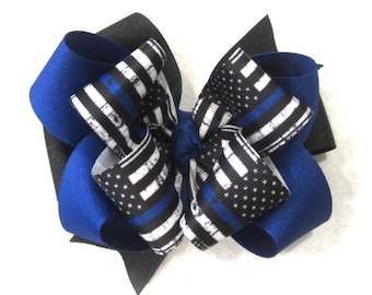 Blue Line Bow, Police hair Bow, American Flag Bow, Patriotic Bows, Blue Line Hairbow, Stacked Bows, Blueline Headband, Support the Blue, Big