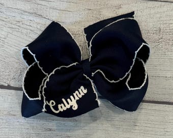 Custom Name Hair Bow, Monogrammed Bow, Personalized 6 inch Large Glitter Name Bow, Navy Blue Moon Stitched Hairbow, Moonstitch Bows, Initial