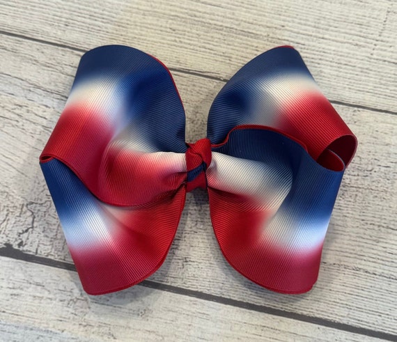 American Flag Hair Bow, USA Hair Bow, Jumbo Patriotic Flag Bow, 6 inch Red White Blue bow, Military Hairbows, Red Stripe, 4th of July Bows