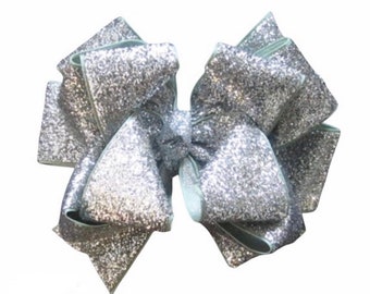 Silver Glitter Bow, Big silver Bow, Glitter Hairbows, Christmas Hair Bow, Sparkle Bows, Boutique Bow, Triple Stacked Bow, Holiday Photo Prop