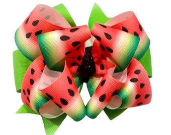 Watermelon Bow, Pink Watermelon Hairbow, Lime Green Bow, Watermelon Seeds Bow, Layered Bows, Girls Hair Bows, Summer Bow, Picnic Glitter Bow