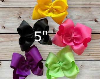 Pick 5 Hair Bows Custom Package, Girls Large 5" Hairbows, Solid Ribbon Bows with Clips or Headband for Girls and Baby, Barette Bows