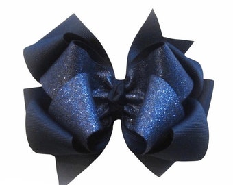 Navy Glitter Bow, Big Blue Bow, Navy Hairbows, Glitter Bows, Navy Dazzle Bow, Stacked Bow, Layered Hair Bow, 5 inch bows, Big Bow, Baby Bows