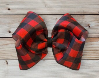 Big Holiday Bow, Buffalo Plaid Bow, Large Hairbows for Baby, Girls Christmas Bows, Buffalo Checks Hair Bow, Red Plaid Bows, Big Red Bow,