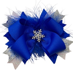 Blue Over the Top Hair Bow for Baby Girl, Pageant Hair Bows, Rhinestone Bows for Baby, Girls Big Feather Bows, Bow with Headband or Clip