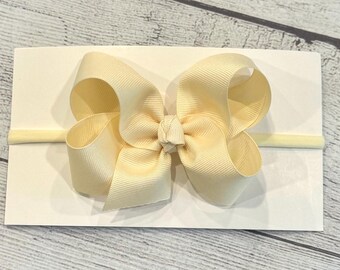 Ivory Hair Bow on Stretch Headband, 4 Inch Medium Hairbow, Baby Bow, Toddler Girl Bows, Girls Headband, Baby Girl Grosgrain Bow, Infant Bows