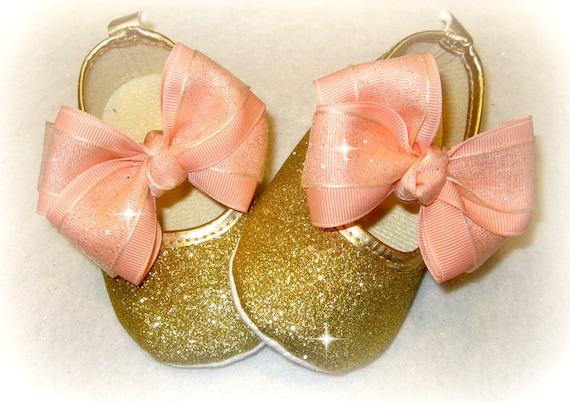 NEW Baby Girl Gold Hearts Bow Faux Leather Mary Jane Crib Shoes Valentines Day