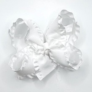 White Double Ruffle Hair Bow, Satin Edge Ruffle Ribbon Hairbow, Baby Hair Bow, Medium 4 Inch Bow, Frilly Bows for Girls, Baby Gifts, Wedding