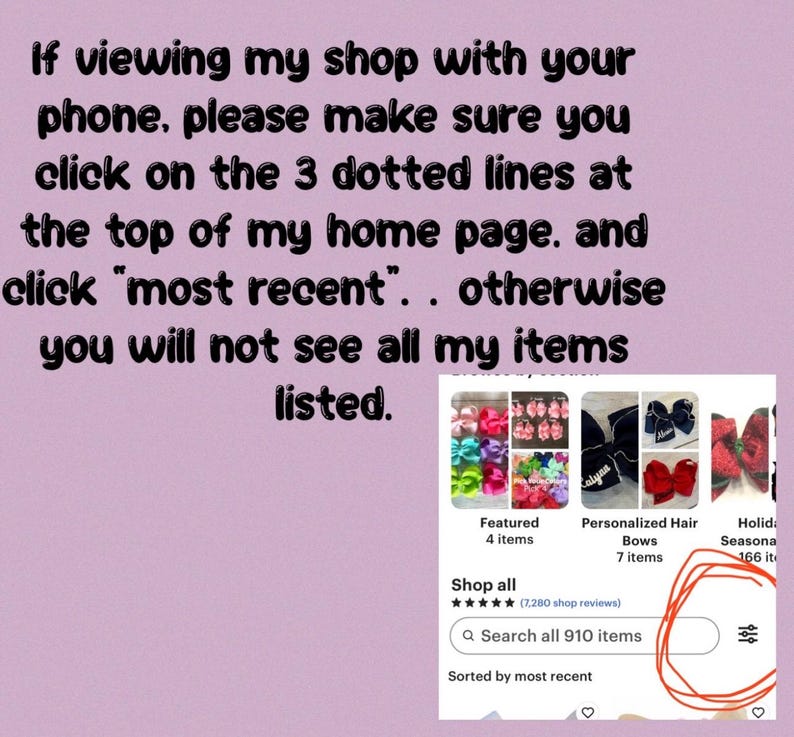 May include: Image with text: "If viewing my shop with your phone, please make sure you click on the 3 dotted lines at the top of my home page, and click 'most recent' otherwise you will not see all my items listed."