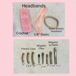 May include: A collection of hair accessories including a pink crochet headband, a 5/8 inch elastic band, and a beige nylon stretch headband. Below are various metal hair clips labeled as French clips and alligator clips with lengths from 1 3/4 to 3 1/4 inches.