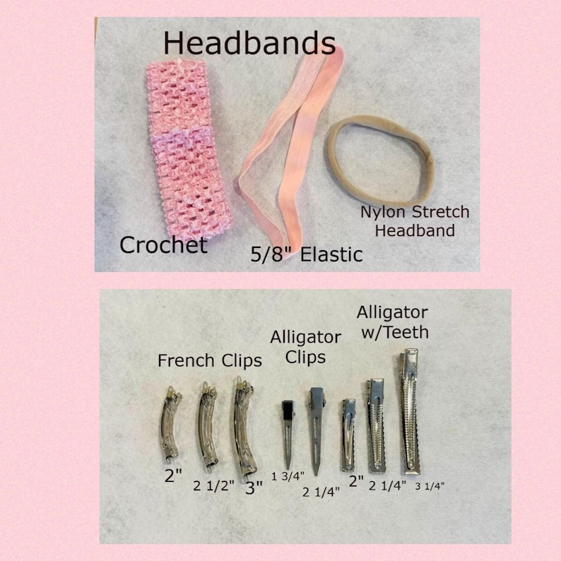 May include: A collection of hair accessories including a pink crochet headband, a 5/8 inch elastic band, and a beige nylon stretch headband. Below are various metal hair clips labeled as French clips and alligator clips with lengths from 1 3/4 to 3 1/4 inches.