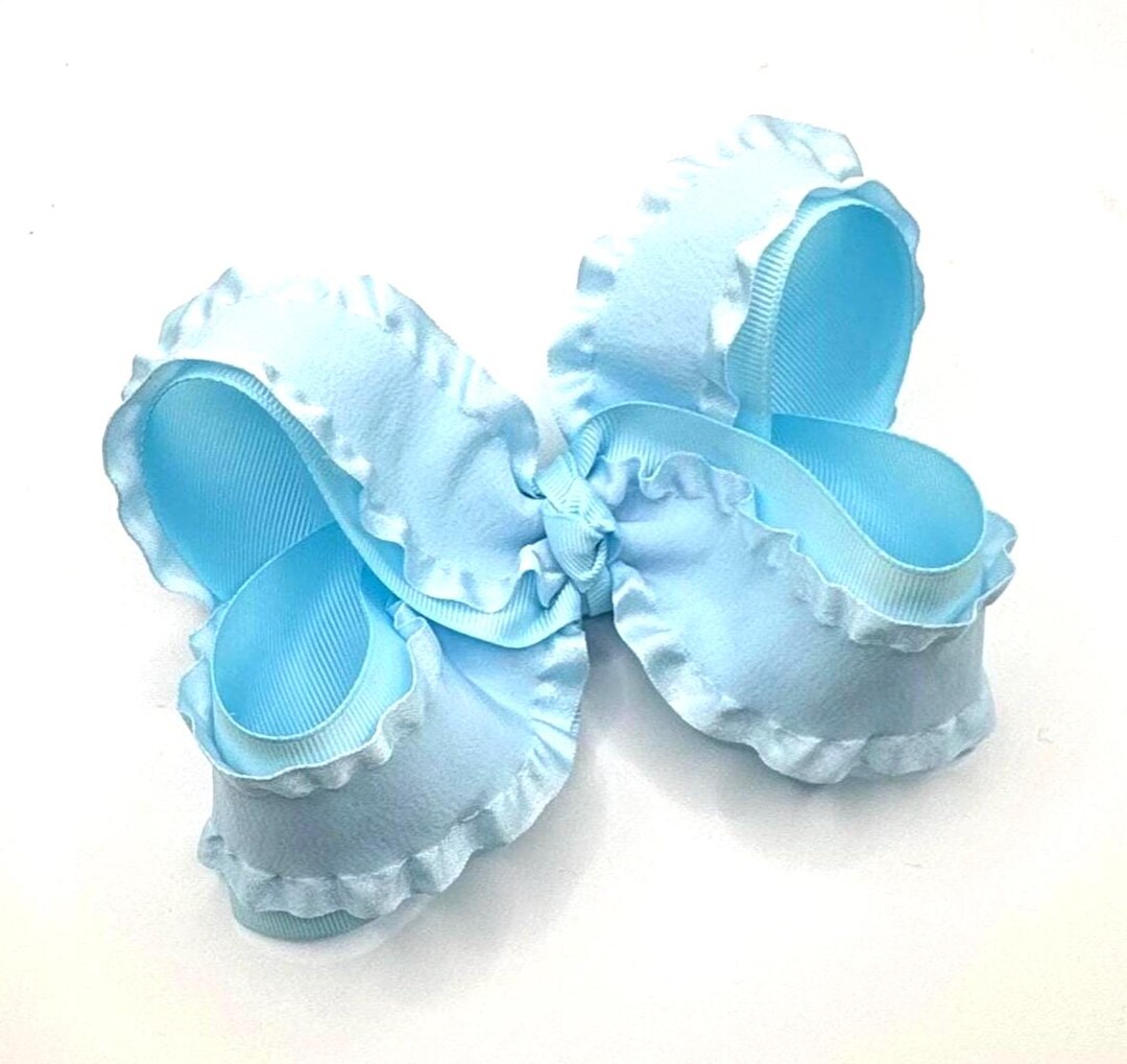 Large Light Blue Ruffled Hair Bow, Baby Blue Double Ruffle Bow, Large Twisted Boutique Bow, Big ...