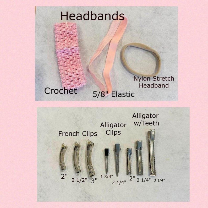Peut inclure: Un ensemble d'accessoires pour cheveux comprenant un bandeau en crochet rose, un bandeau &eacute;lastique rose de 5/8 pouce, un bandeau extensible en nylon brun et une vari&eacute;t&eacute; de pinces alligator et de pinces fran&ccedil;aises de diff&eacute;rentes tailles. Les pinces sont &eacute;tiquet&eacute;es avec leurs tailles en pouces.