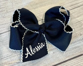 Glitter Name Hair Bow, Custom Name Bow, Large Monogrammed Name Bow, Navy Blue Personalized Moon Stitched Hair Bow, Girls Big Bow, Girls Gift