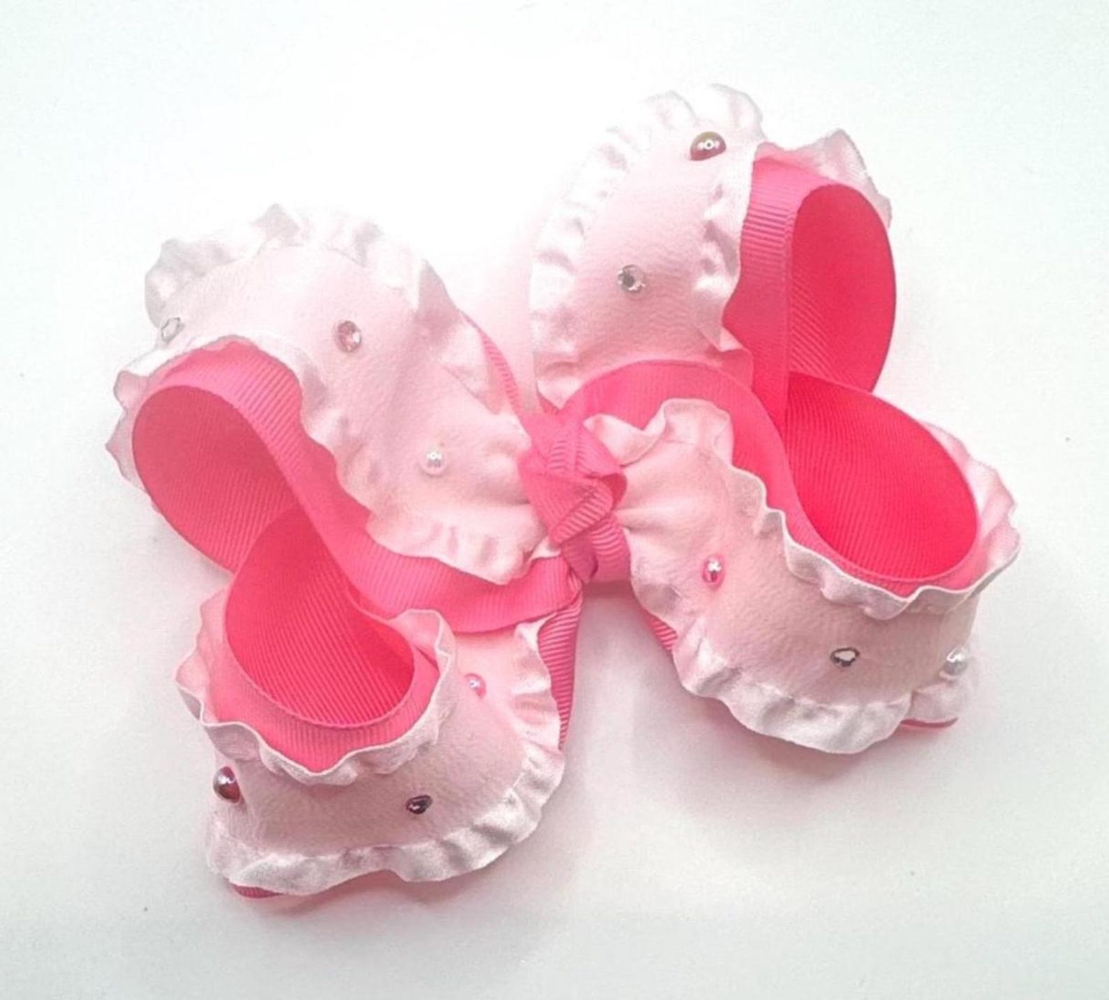 Double Ruffle and Diamond Hair Bow, Pink Pearls Hair Bow, Ruffles Hair Bow, White Double Ruffle ...