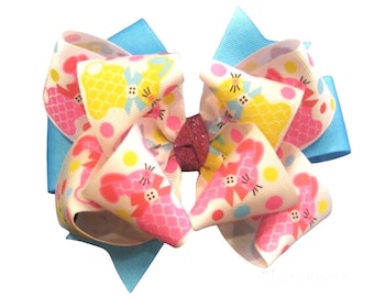 Spring Hair Bows, Pastel Easter Bunny Bow, Easter Hairbow, Pastel Bunny Rabbit Bow, Pink Quatrefoil Bow, Baby Easter Hair Bow, Baby Headband