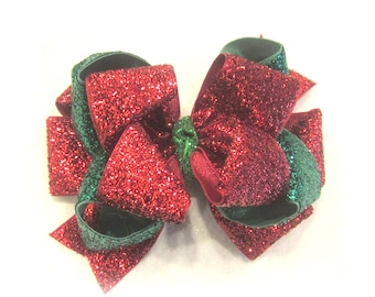 Red Glitter Bow, Big Red Bow, Glitter Hairbows, Christmas Hair Bow, Sparkle Bows, Boutique Bow, Triple Stacked Bows, Holiday Photo Prop