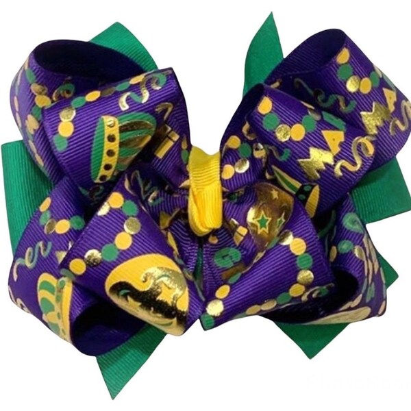 Mardi Gras Hairbow, Mardi Gras Headband, Fleur-di-Lis Bow, Purple Bows, Triple Layered Bow, Bella Bow, Hairbows, Big Bows, Patriots Bow,