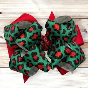 Christmas Leopard Hair Bow, Red and Green Cheetah Bow for the Holiday, 4&quot; Bows for Baby, Toddler Christmas Bow, Leopard Christmas Bow
