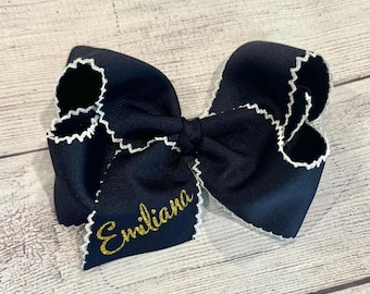 Personalized Hair Bows, Custom Name Hair Bow, Monogrammed Bow, Large Glitter Name Bow, Navy Blue Moon Stitched Hairbow, Moonstitch Bows