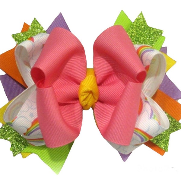 Boutique Hairbow, Girls Hair Bows, Triple Layered Bows, Rainbow Hair Bow, Pink Bow, Orange Hairbow, 5 inch Bows, Big Hairbow, large Hair Bow