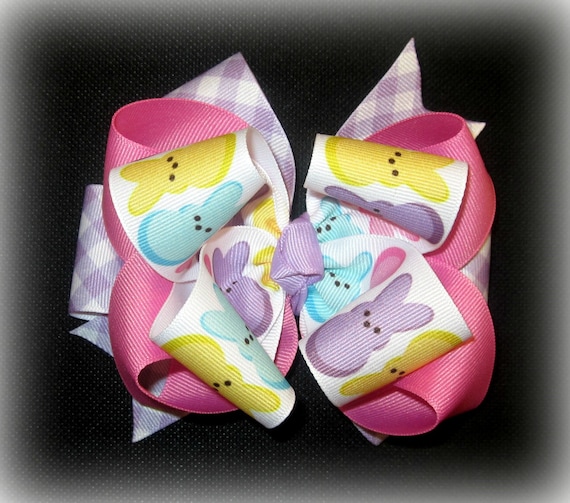 Easter Hairbow, Bunny Bow, baby Easter Headband, Easter Bunny Bows, Pastel Bunnies, Purple Checked Bow, Spring Hair Bow, Happy Bunny Bows