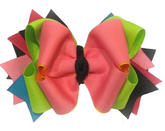 Boutique Hair Bow, Neon Hairbow, Girls Hair Bows, 5 Inch Bow, Baby Bows, Toddler Bow, Rainbow Hairbow, Girls Funky Bow, Stacked Bow, Layered