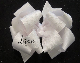 Lace Hairbow, White Lace Bow, Baby Bows, White Hairbow, Triple Layered Bow, Wedding Bows, Baby Headband, Lace Headband, Birthday Hair Bow,