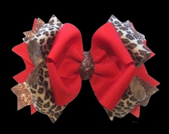 Red Leopard Bow, Leopard Hairbow, Boutique Hair Bow, Girls Hairbows, Animal Print Bow, Cheetah Bows, Red Cheetah Bow, Girls Animal Bows,