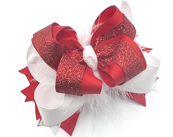 Red and White Glitter Over the Top Bow, Valentines Day Bow, Pageant Bows, Boutique Feather Bows, Christmas Hairbow, Red Glitter Bow, Big Bow