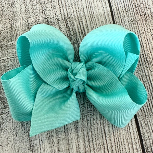 Aqua Blue Hair Bow, Hairbows, 4 inch Medium Size Bow, Clip in Bow, Headbands, Loopy Twisted Boutique Bows for Toddler and Baby Girl