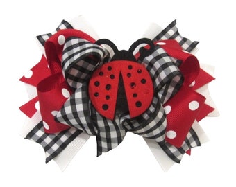Ladybug Bow, Ladybug Hairbow, Red Dot Hair Bow, Black Checked Hair Bow, Gingham Check, Boutique Bow, Boutique Hairbow, Layered Bow, Headband