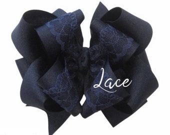 Navy Lace Hairbow, Navy Blue Lace Bow, Blue Lace Hairbow, Triple Layered Bow, Baby Headband, Lace Headband, School Hair Bow, BTS Uniform Bow